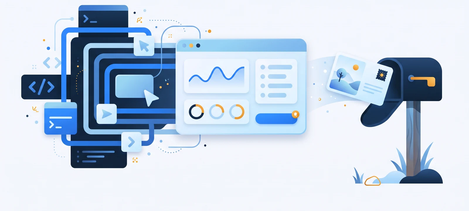 Lob alternative for Australian Shopify brands: developer API code blocks resolving into a simple marketing dashboard that sends a postcard to an Australian letterbox