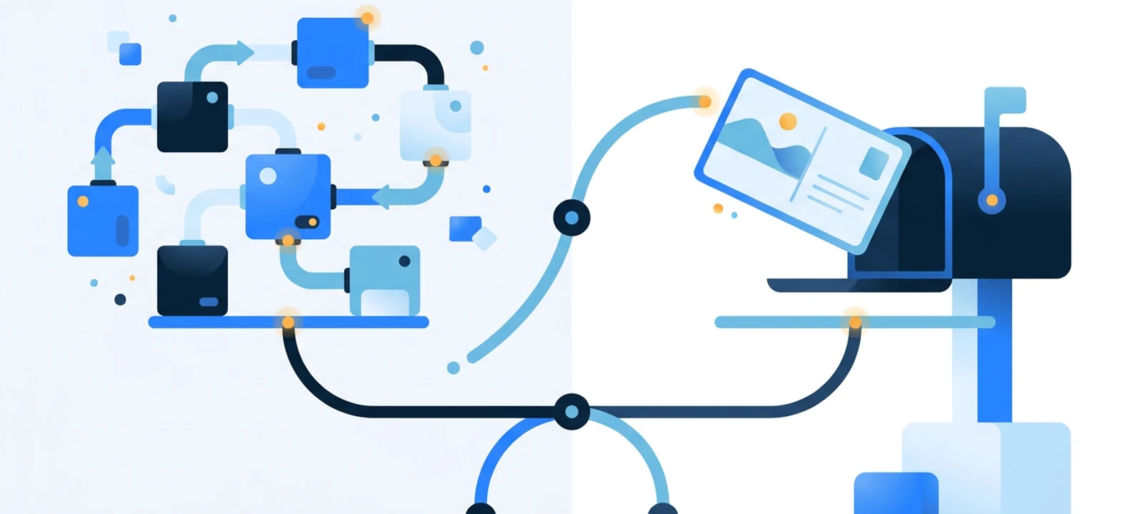 PostGrid alternative for Shopify direct mail: developer API building blocks and connector pipes on one side, a finished marketing postcard arriving in a letterbox on the other
