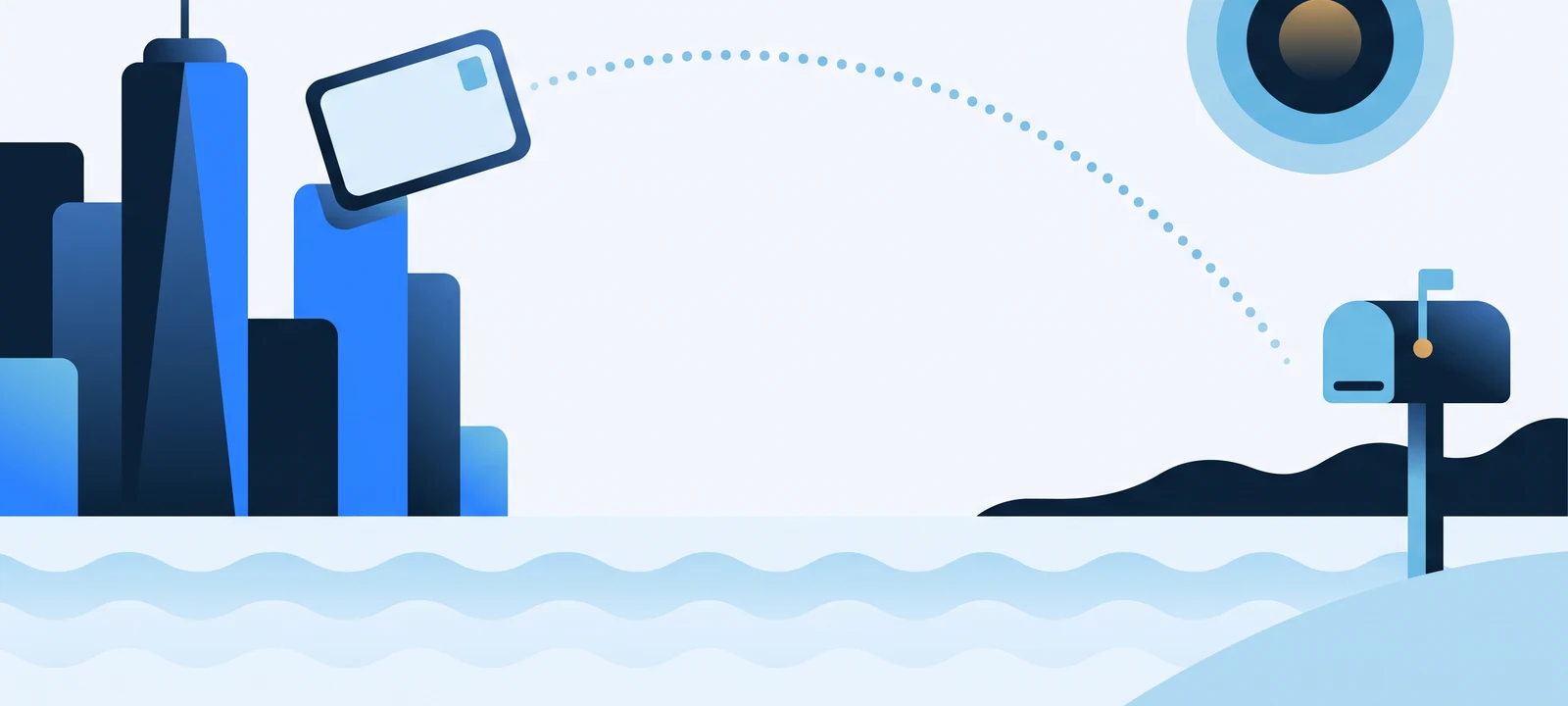 PostPilot alternative for Australian Shopify brands: a marketing postcard travelling from US skyline infrastructure across the ocean to a classic Australian letterbox