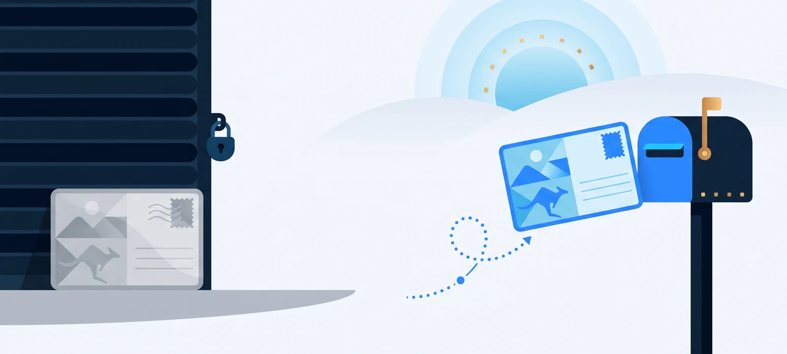 Touchcard alternative after the Shopify app's delisting: a faded postcard beside a closed shopfront while a new postcard departs toward an Australian letterbox