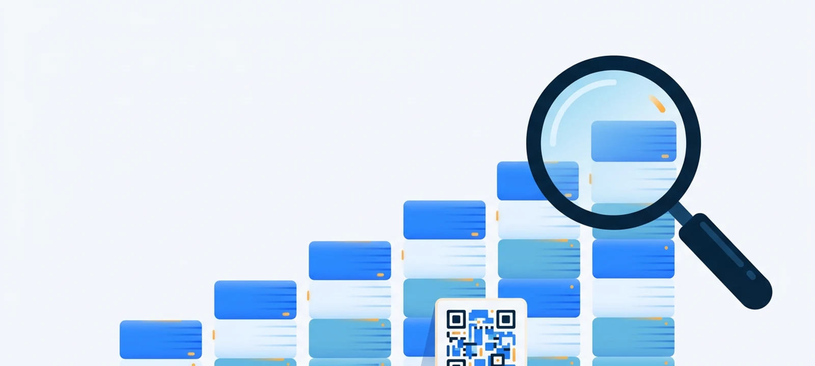 Direct mail response rate and ROI benchmarks 2026: rising bar chart built from stacks of postcards examined under a magnifying glass