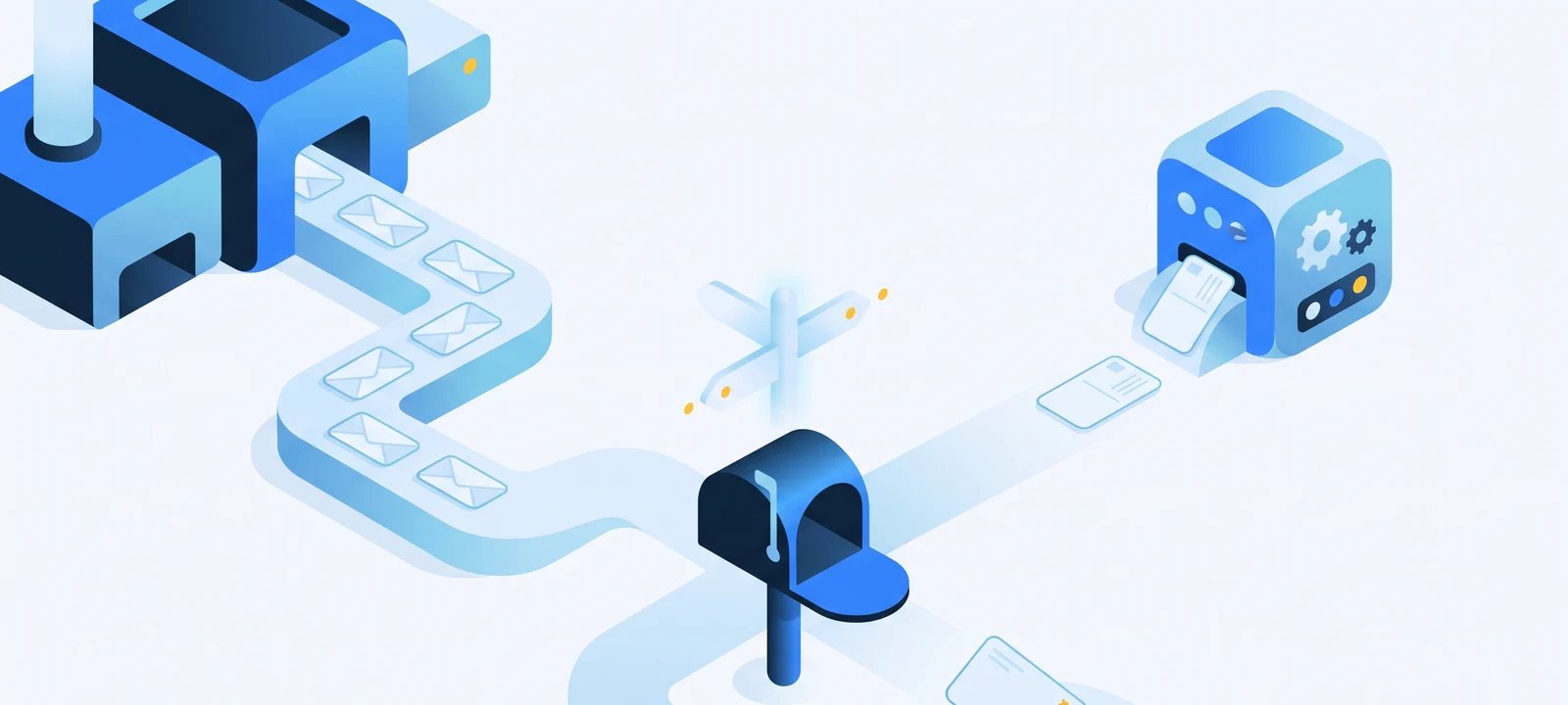 Three paths to an Australian letterbox: a bulk mail-sorting facility, a compact postcard automation machine, and a single hand-stamped envelope, meeting at a signpost