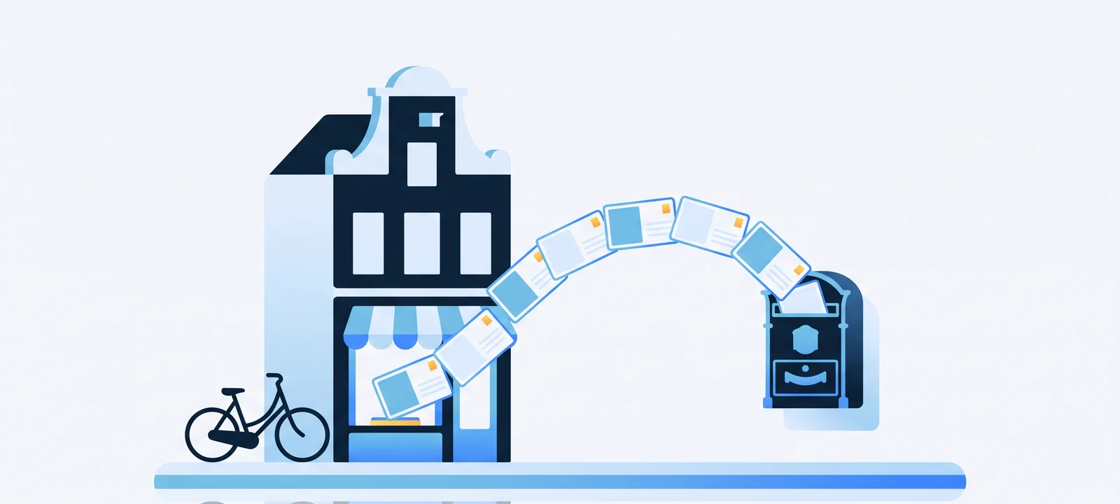 Persoonlijke kaarten die vanuit een webshop in een Nederlandse brievenbus aan een grachtenpand vallen, als illustratie van automatische direct mail vanuit Shopify en Klaviyo