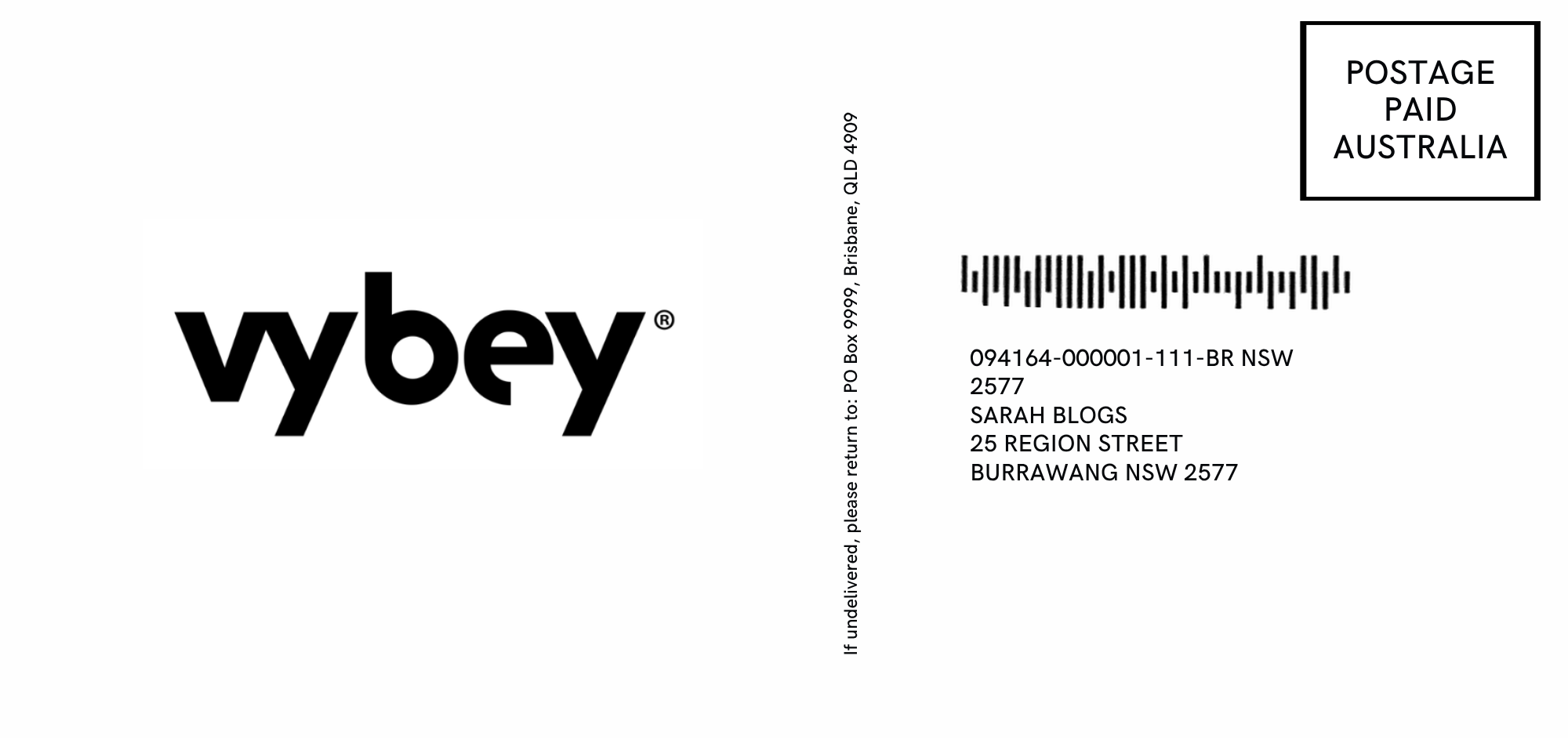 Vybey postcard back example showing the brand logo on the left, a vertical 'If undelivered, please return to' line down the centre, and the postage paid indicia, barcode and recipient address on the right.