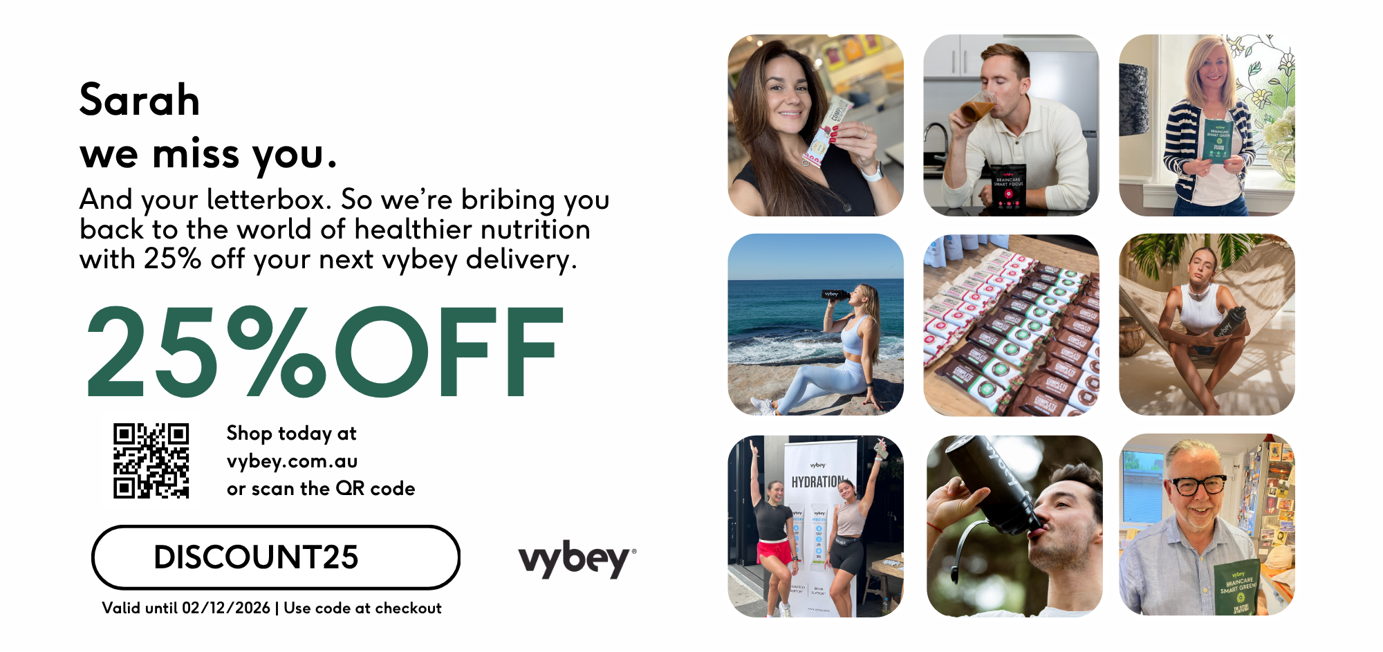 Vybey postcard front example: photo grid on the right, personalised name and 25% OFF offer on the left with a QR code and discount code.
